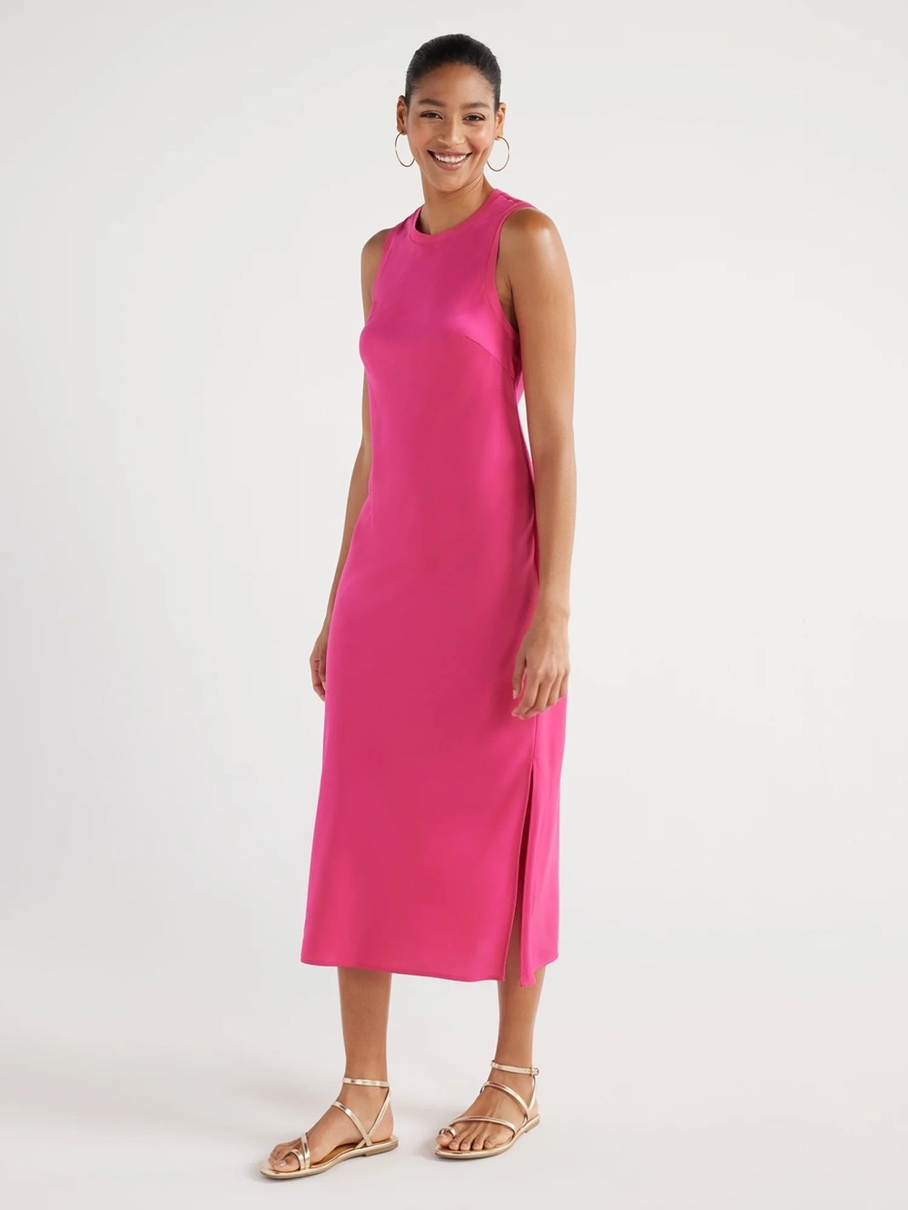 Scoop Women's Crew Neck Satin Midi Tank Dress Classic Fit Bright Pink LARGE NWT